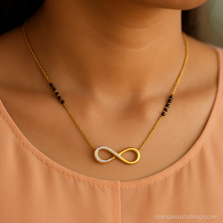Infinity mangalsutra design with one loop set with diamonds and one loop plain gold