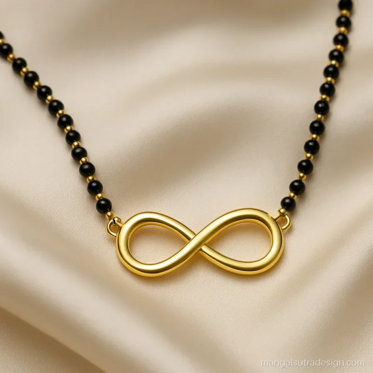 Infinity mangalsutra gold design with a plain polished outline on black beads