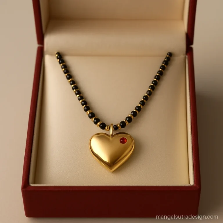 Puffed gold heart shape mangalsutra pendant with a small ruby dot