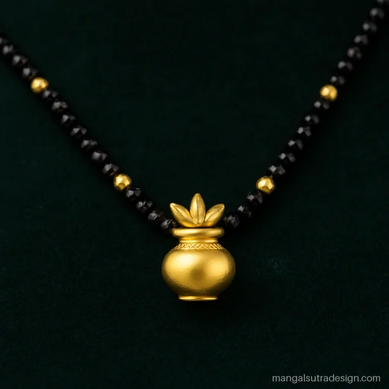 Gold mangalsutra with a small kalash pot pendant and tiny leaves