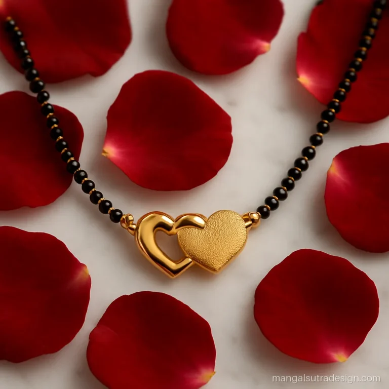 Heart shape mangalsutra with two small interlocked gold hearts