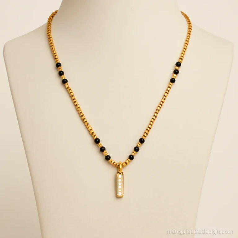 Mangalsutra new design with gold box chain links alternating with single black beads