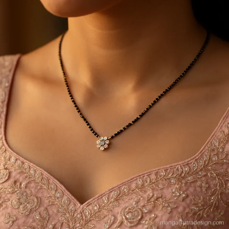 Newly married woman wearing a diamond cluster mangalsutra with a lehenga blouse