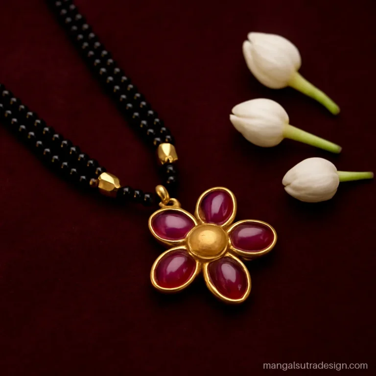 New bridal mangalsutra with a five petal ruby flower pendant on double black beads