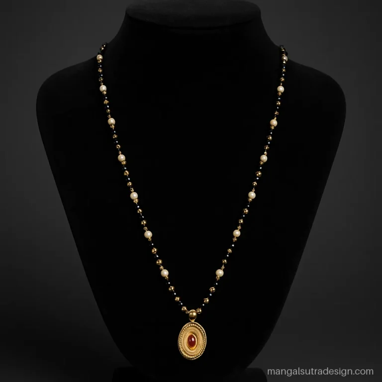 Long mangalsutra with black beads mixed with small white pearls and an oval pendant