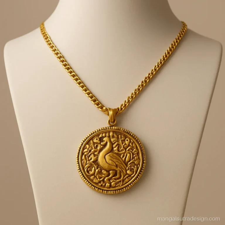 Gold mangalsutra new design with a nakshi carved round pendant on a link chain