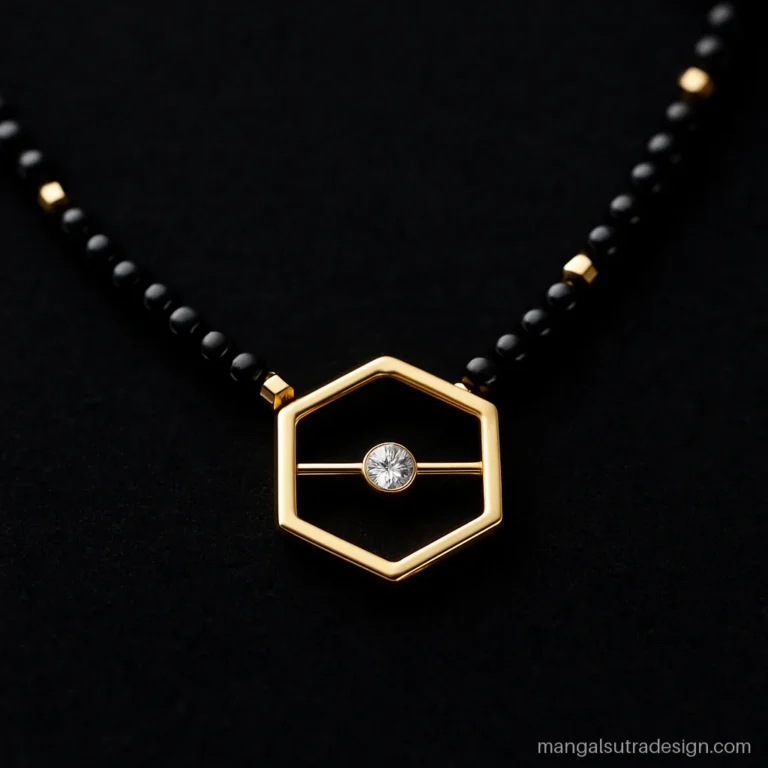 Latest mangalsutra design with an open gold hexagon frame and one small diamond