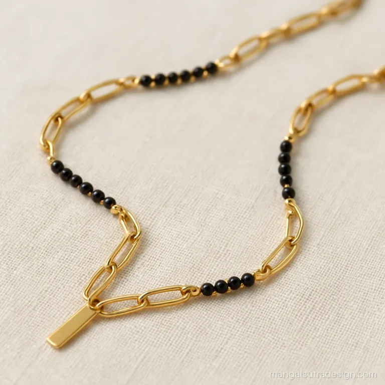 New design mangalsutra gold chain with paperclip links and short black bead segments