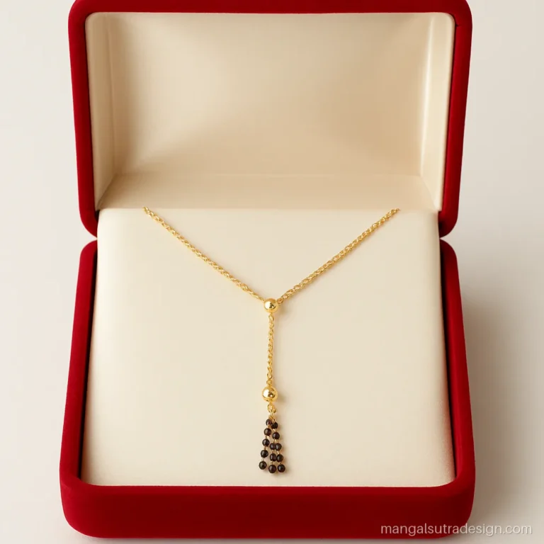 Short mangalsutra in Y shape with a thin drop ending in a black bead tassel