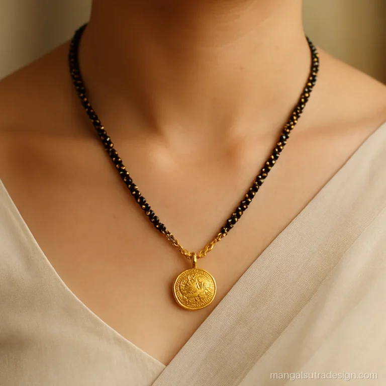 Gold long mangalsutra design with a black bead strand twisted around a gold chain