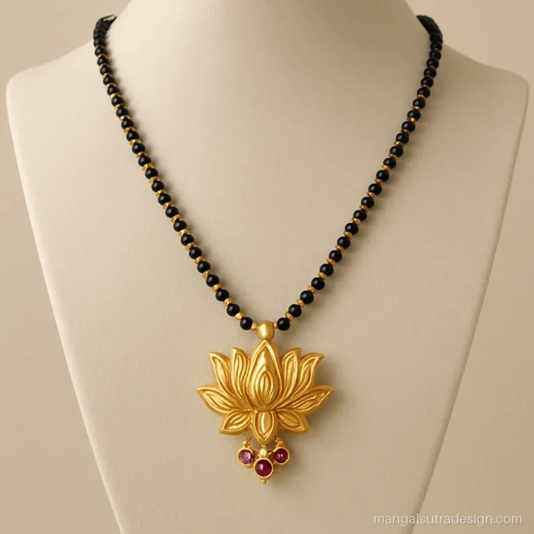Long mangalsutra gold design with a big lotus pendant and small ruby buds