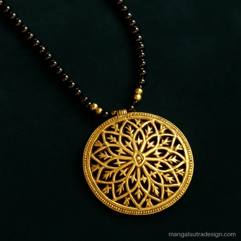 Long gold mangalsutra with a big round mandala openwork pendant