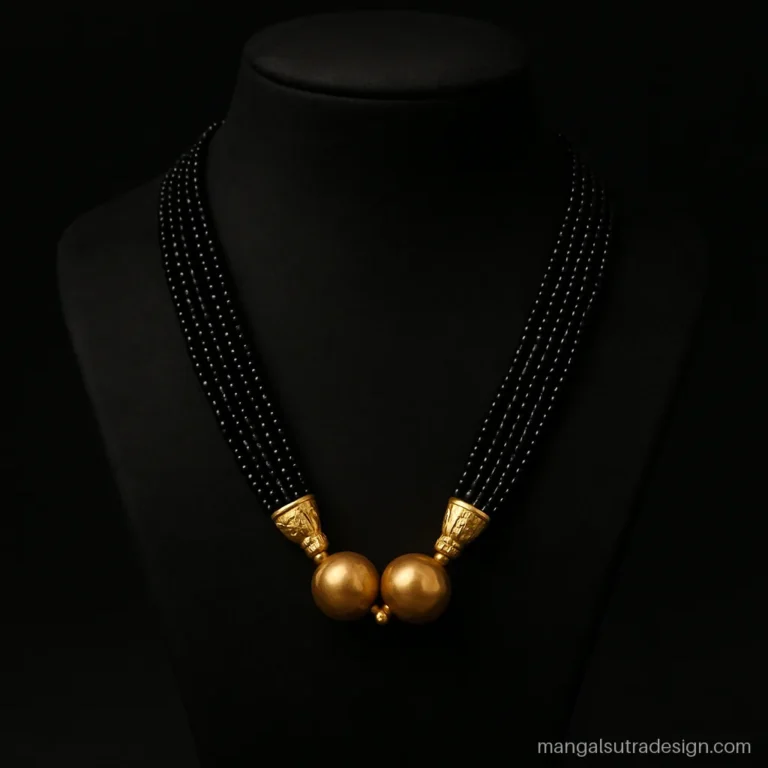Long mangalsutra design with many fine black bead strands gathered in gold caps