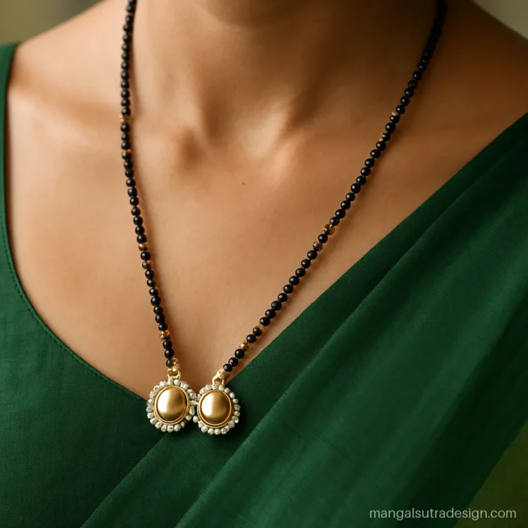 Gold long mangalsutra with twin vati cups edged in tiny pearls