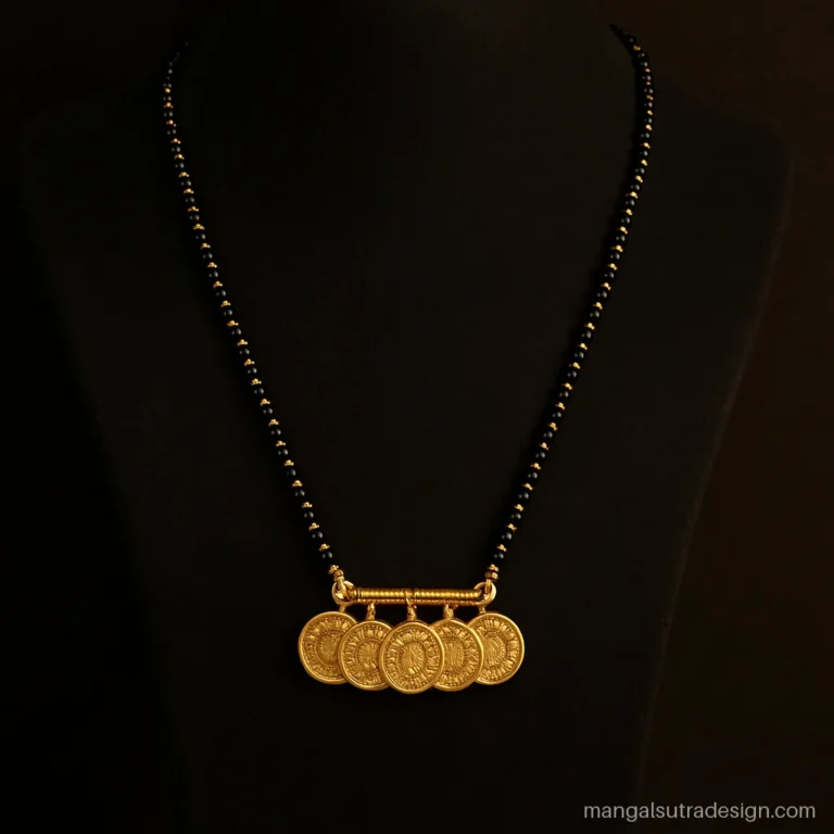 Long mangalsutra design in gold with a row of five small embossed coins
