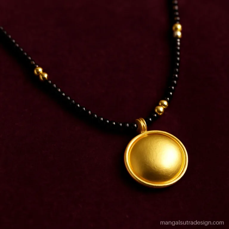 Long traditional mangalsutra with one large gold vati and gold bead groups