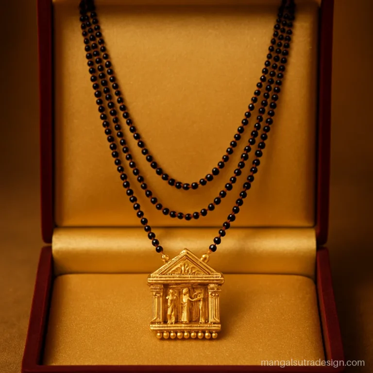 Long gold mangalsutra for weddings with three layers and a temple style pendant
