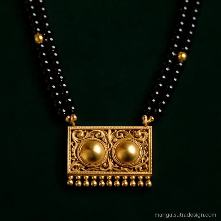 Rajwadi mangalsutra with two vati inside a carved gold panel on a long double strand