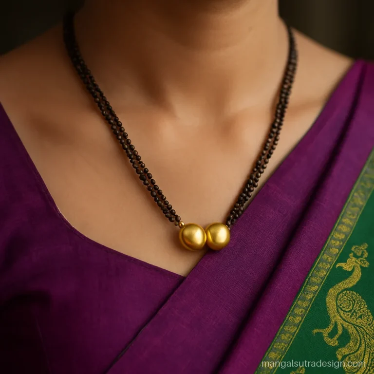 Long mangalsutra vati design worn with a Paithani saree blouse