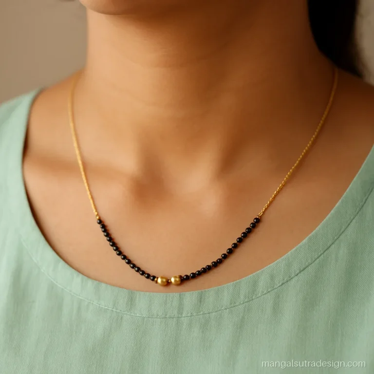 Simple Marathi mangalsutra with mini vati on a gold chain and bead mix worn with kurti