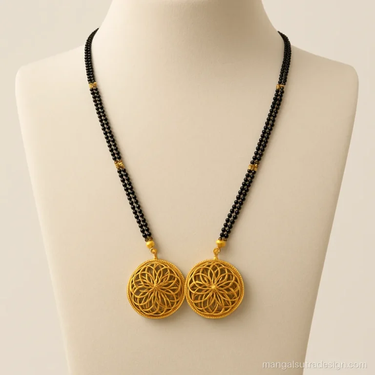 Mangalsutra vati design gold with filigree jali work cups on black bead strands