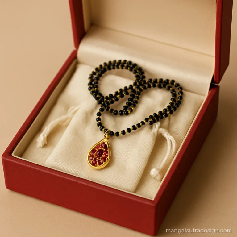 Gold mangalsutra stored flat in a soft cotton pouch inside an open jewellery box