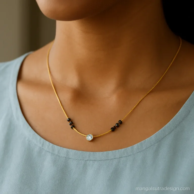 Short gold mangalsutra with a small single diamond worn with a cotton kurti