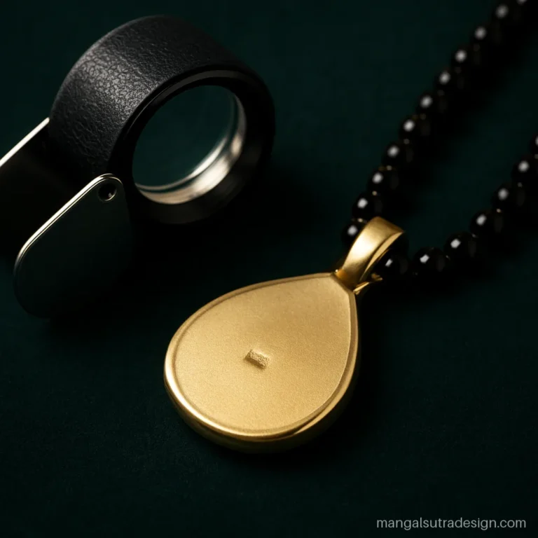 Jeweller loupe beside a gold mangalsutra pendant for checking the hallmark stamp
