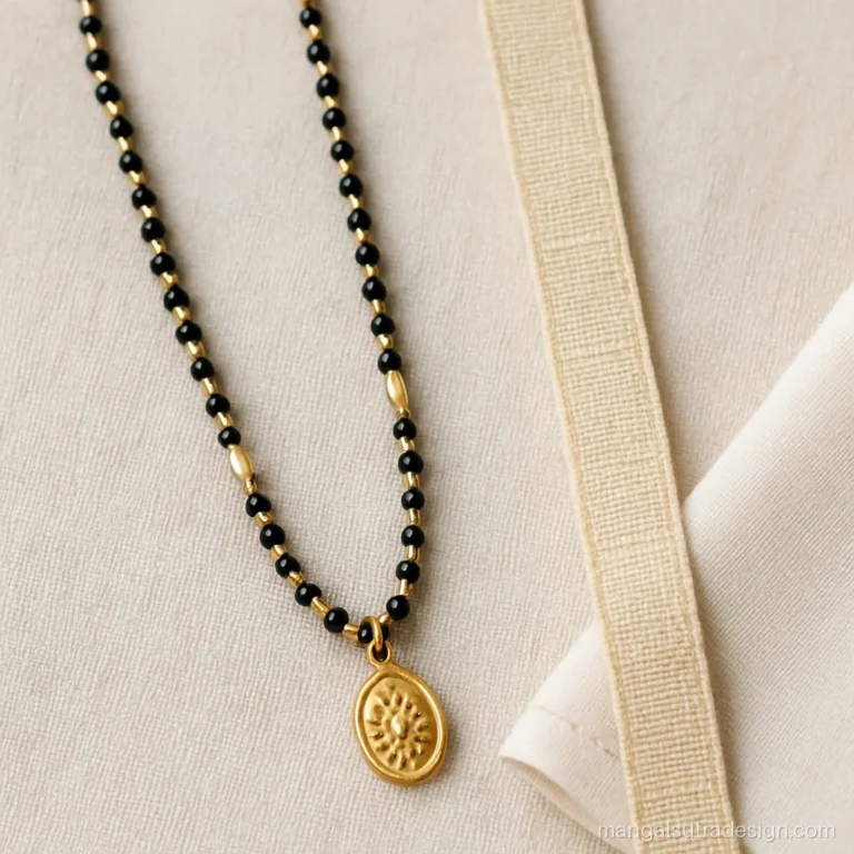 Measuring tape laid along a mangalsutra to check chain length before buying