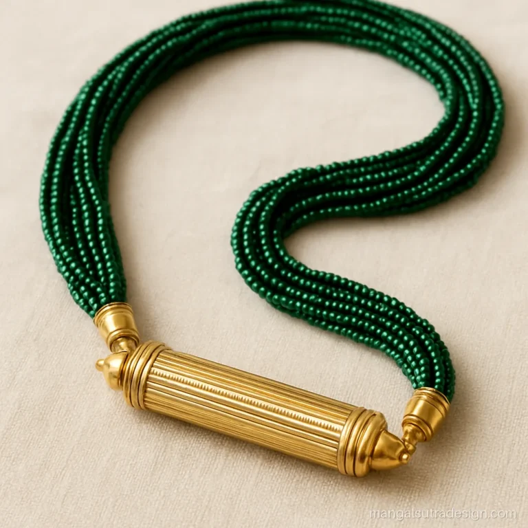 Nepali tilhari with long gold cylinder pendant on many strands of green glass beads
