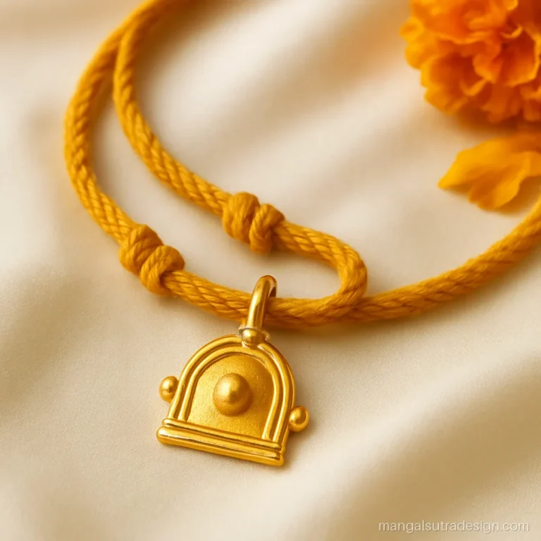 Tamil style gold thali pendant tied on a turmeric yellow thread with knots