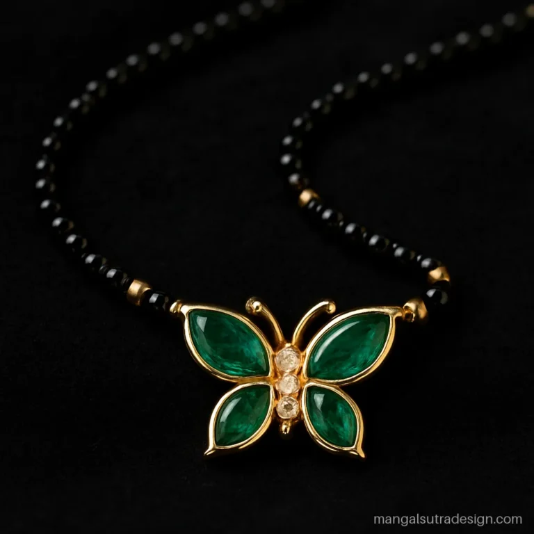 Fancy mangalsutra design with an emerald and diamond butterfly pendant in gold
