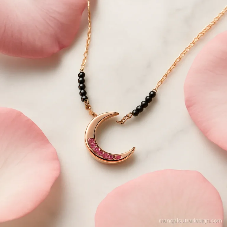 Stylish mangalsutra with a rose gold crescent moon pendant set with pink stones