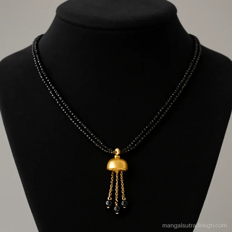 Fancy mangalsutra gold pendant with three short gold tassel drops and black bead ends