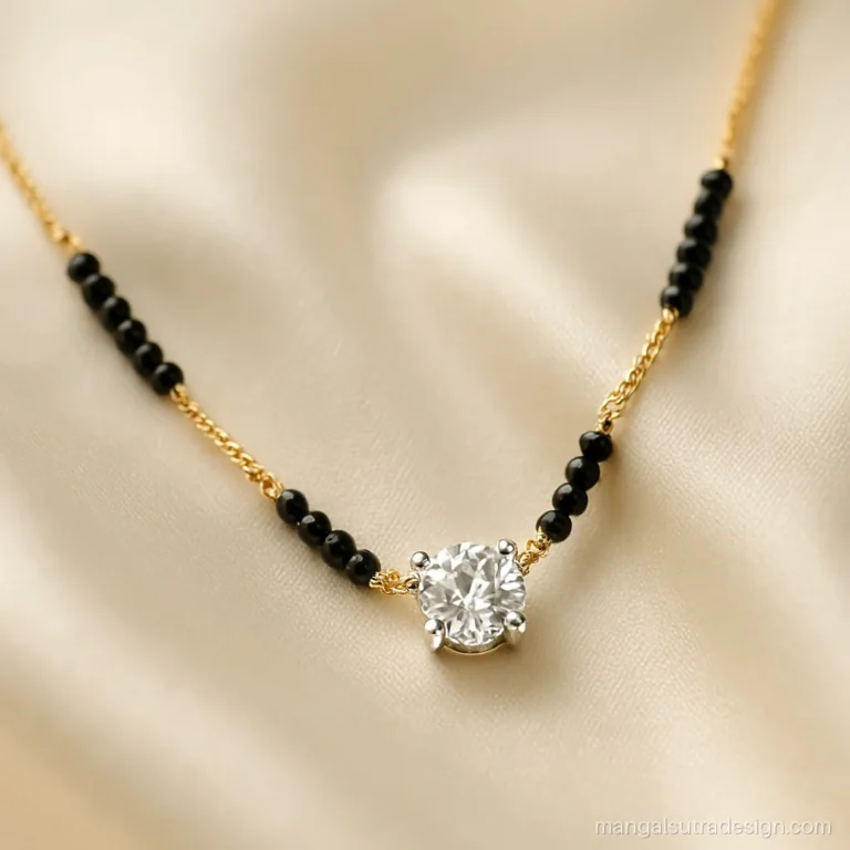Modern mangalsutra with a single floating solitaire on a fine black bead and gold chain