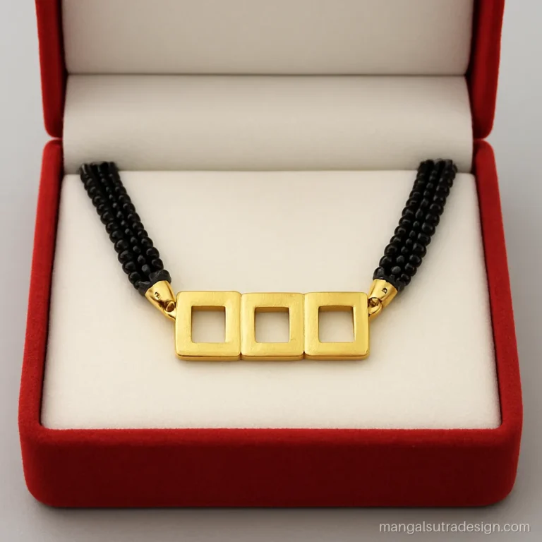 Unique mangalsutra designs with three interlocked gold squares on a thick black bead rope