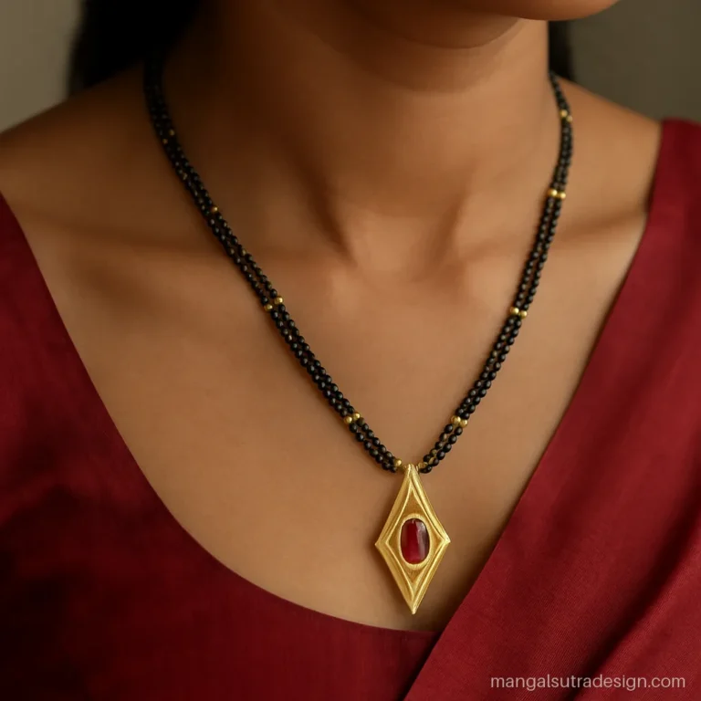 Modern heavy mangalsutra design with a long geometric drop pendant and ruby centre