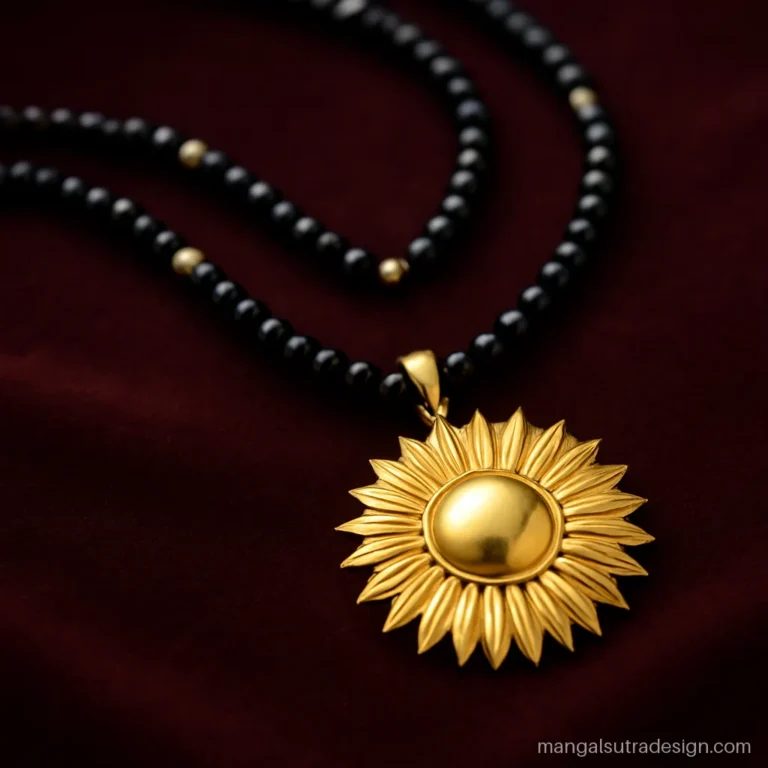 Modern heavy mangalsutra with a large sunburst medallion pendant on a long double strand