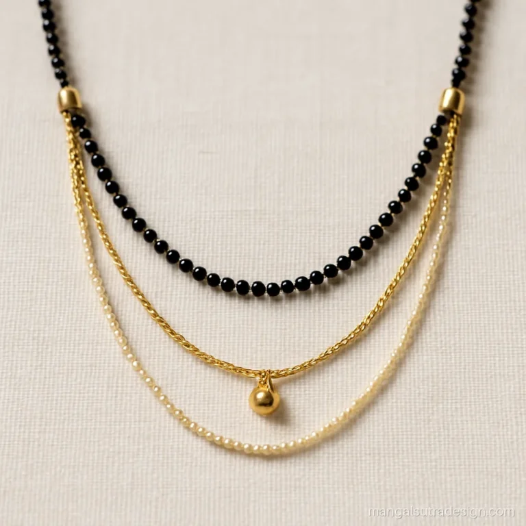 Trending mangalsutra with three layers of black beads, gold chain and small pearls