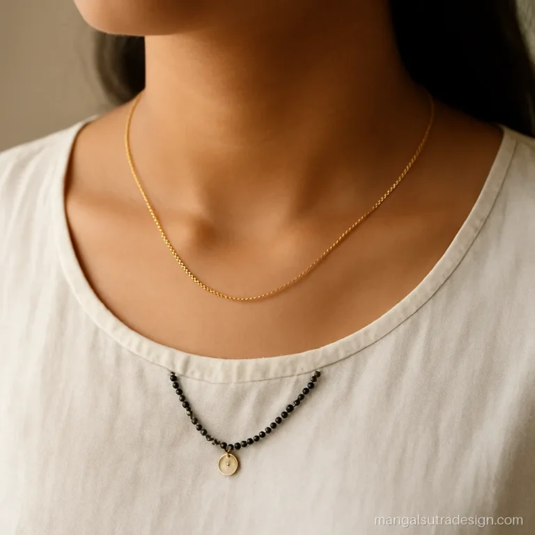 Trending mangalsutra designs with two layered lines and a small gold coin on the lower line