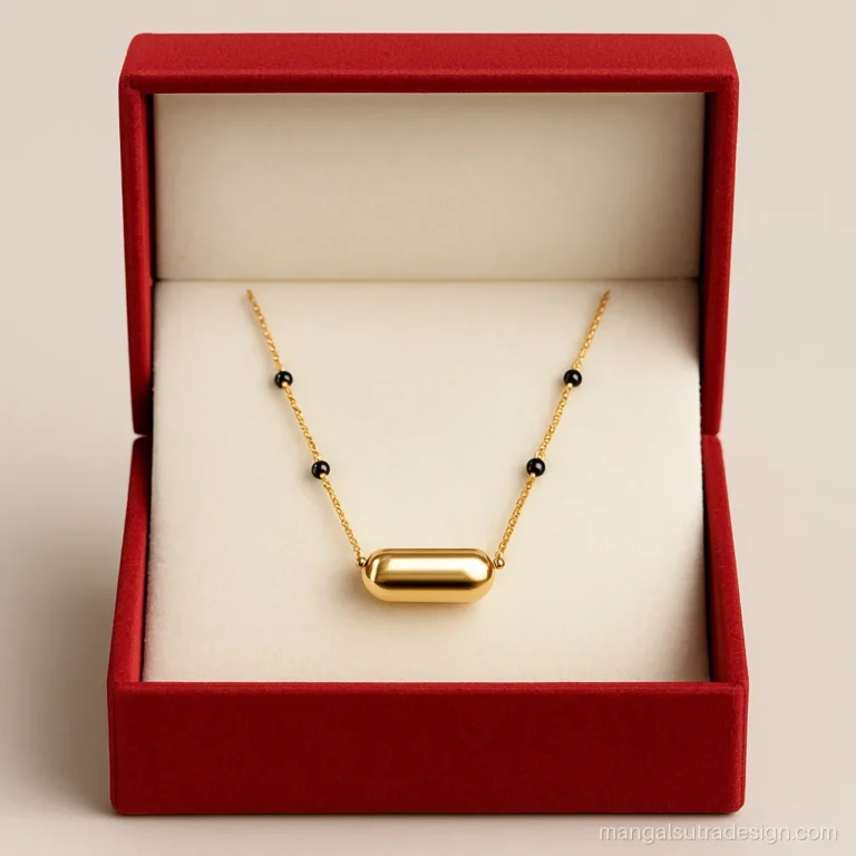 Trendy office mangalsutra with a gold capsule pendant and alternating black bead stations