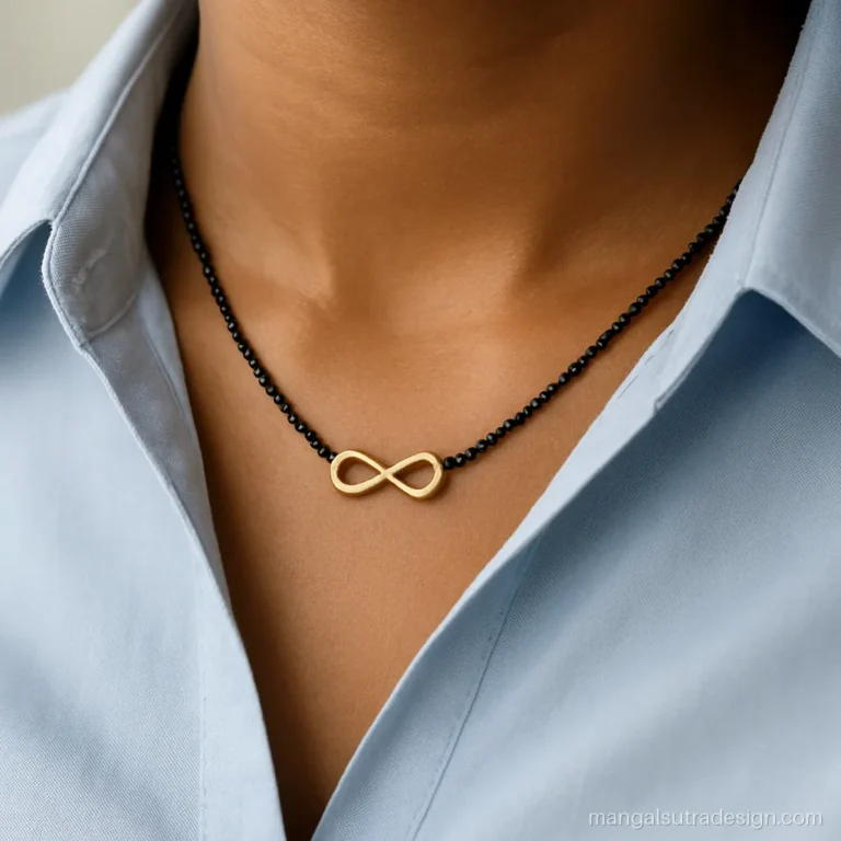 Office wear modern mangalsutra with a tiny gold infinity link on short black beads