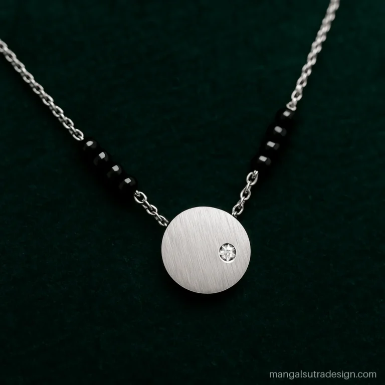 Modern mangalsutra design for office with a small white gold disc and single diamond