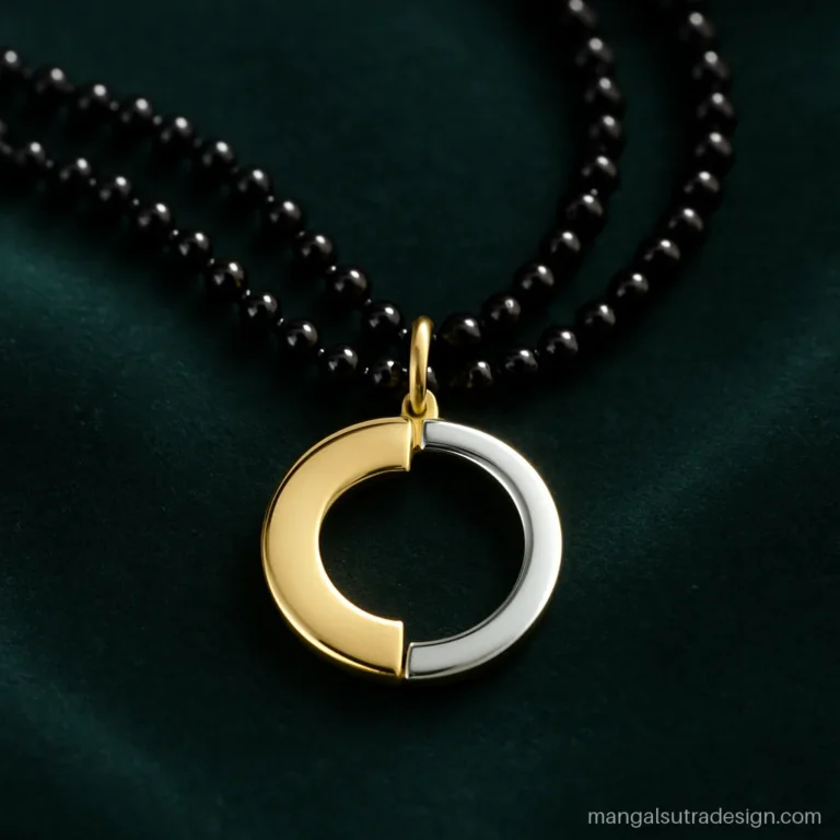 Stylish mangalsutra design with a two tone split circle pendant in yellow and white gold