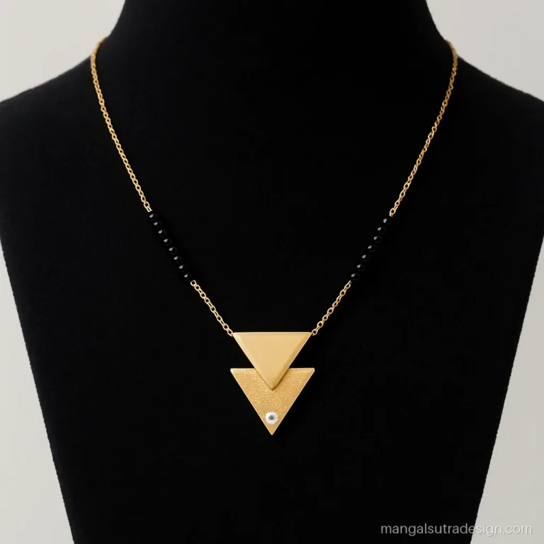 Geometric mangalsutra with two stacked gold triangles and a tiny diamond at the tip