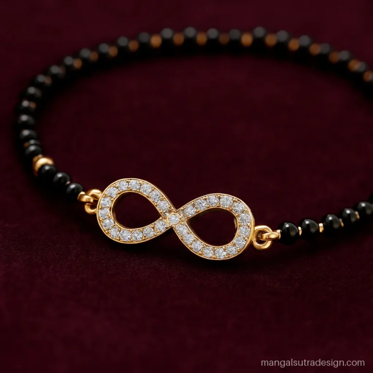 Diamond bracelet mangalsutra with an infinity link and black bead chain