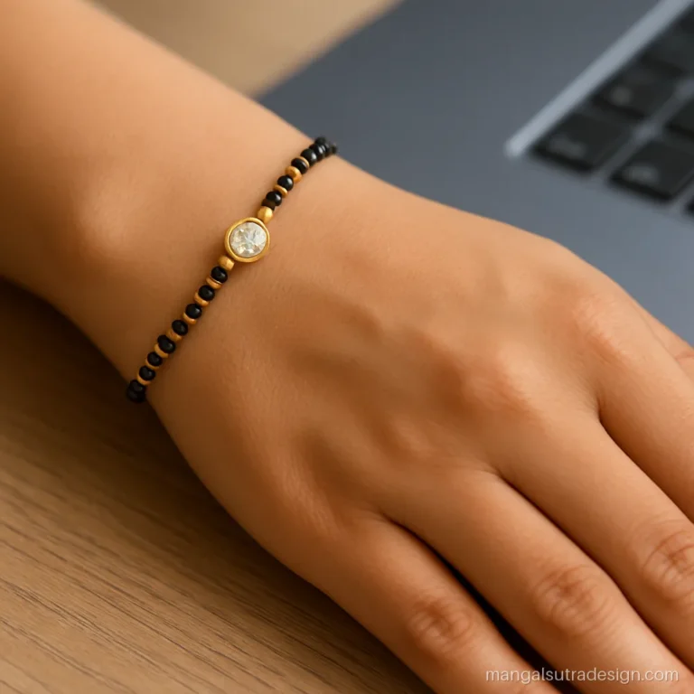 Mangalsutra bracelet for women with a single diamond station and black beads