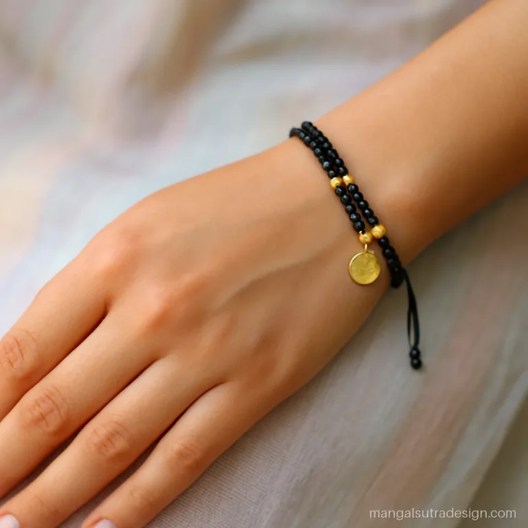 Hand mangalsutra bracelet with double black bead strand and adjustable sliding knot