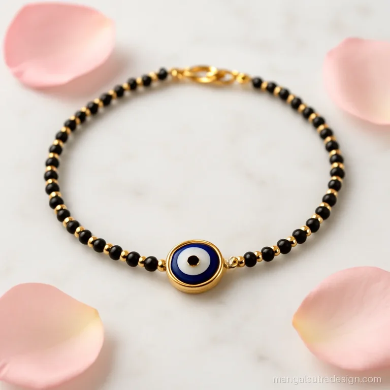 Hand mangalsutra design with a blue evil eye enamel charm and gold beads