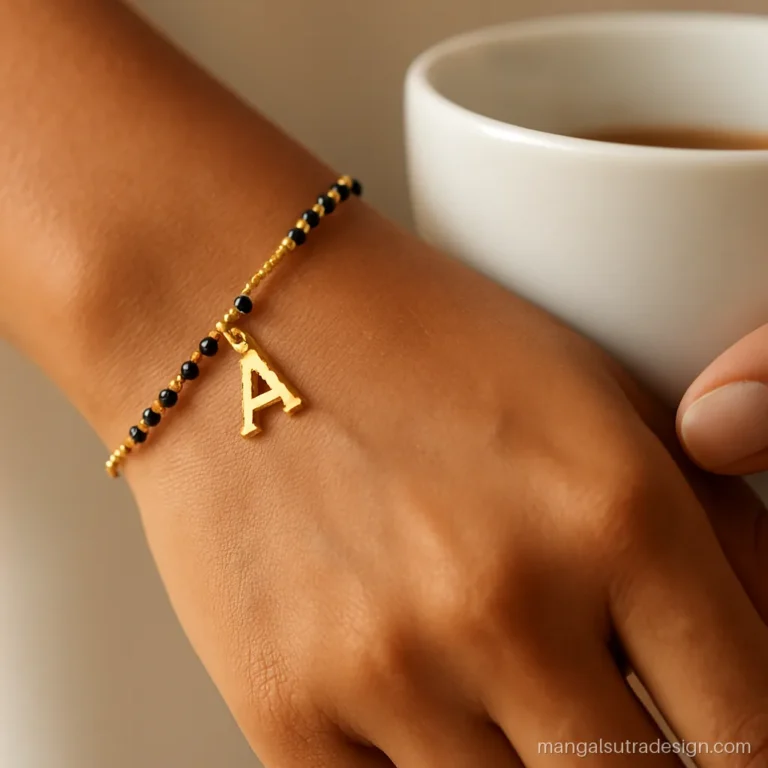 Stylish hand mangalsutra design with a gold initial letter charm